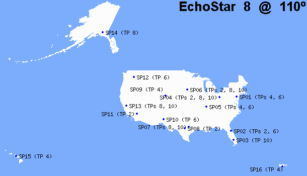 Map of Echostar 8 spot beam center points
